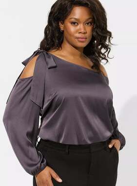 Torrid Satin Tie Front Off Shoulder Long Sleeve Blouse Periscope Size 2 / 2X